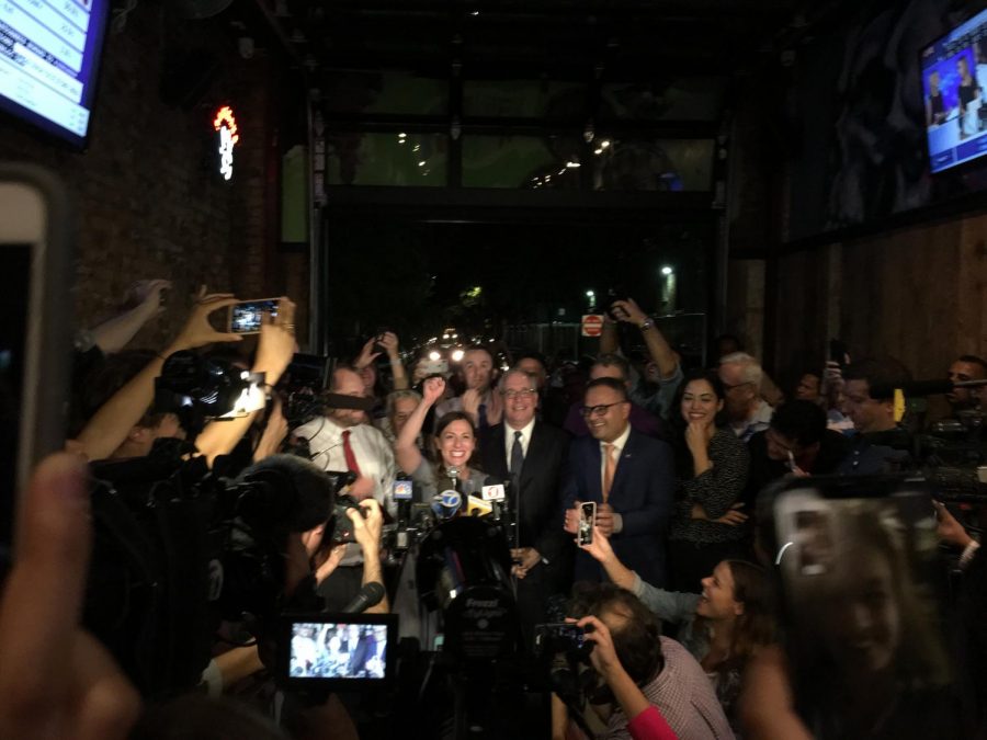 Alessandra Biaggi  celebrates with supporters at the Bronx Alehouse.