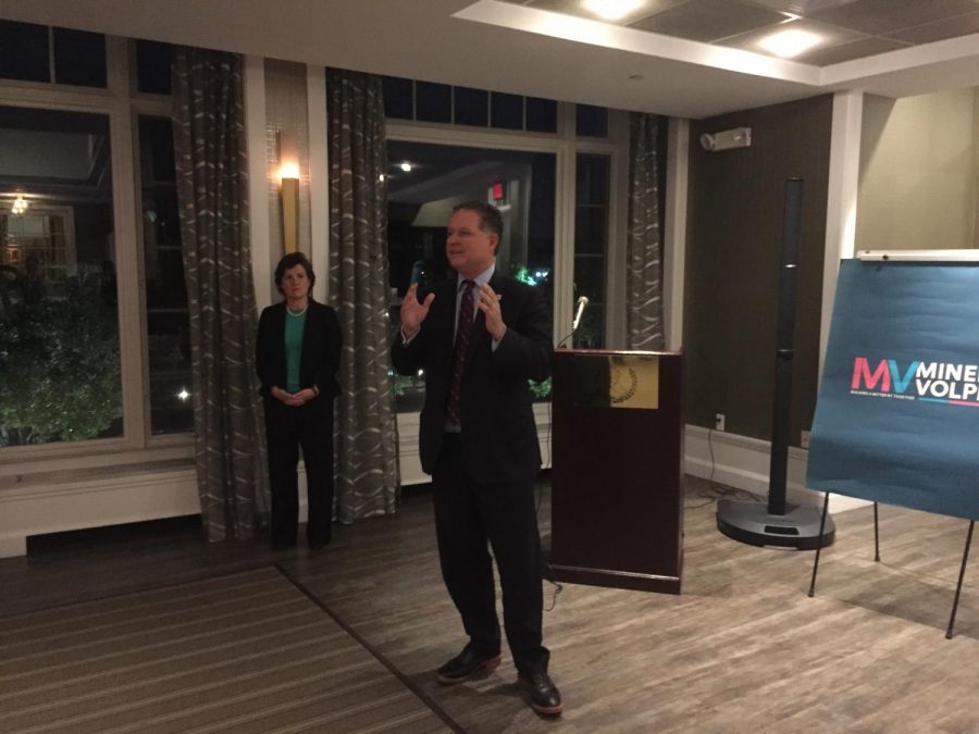 Pelham Mayor Michael Volpe spoke at the New York Athletic Club about his campaign for lieutenant governor. Behind him, Stephanie Miner, SAM party candidate for governor.