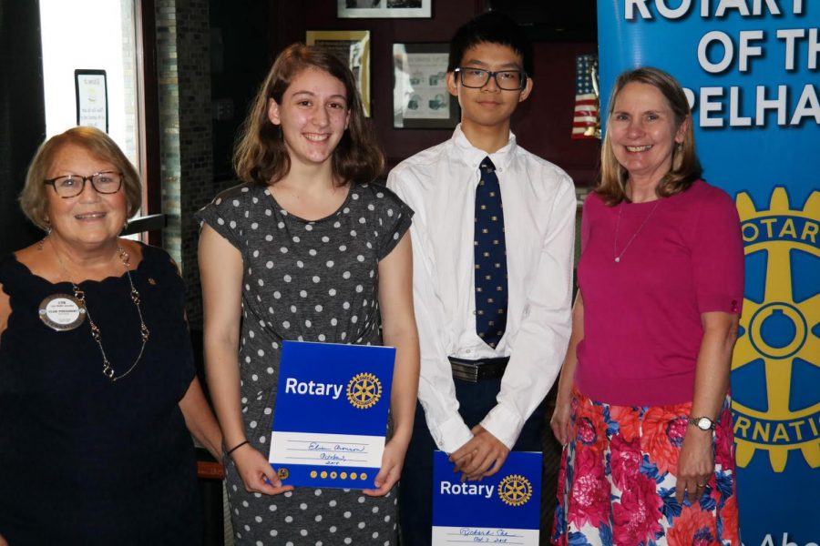 Rotary+President+Lyn+Jacobs%2C+Scholars+of+the+Month+Elise+Aronson+and+Richard+Che%2C+and+PMHS+Principal+Jeannine+Clark.