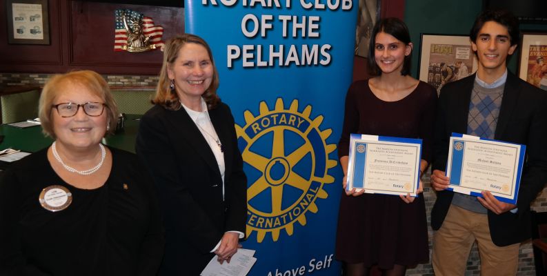 Left to right: Rotary Preident Lyn Roth-Jacobs, PMHS Principal Jeannine Clark, and December Scholars of the Month Francesca Di Cristofano and Michael Salama.