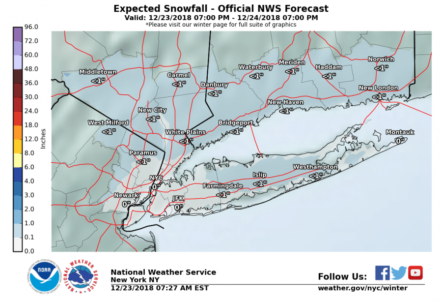 NWS forecasting chance of snow of less than an inch tonight through 7 p.m. on Christmas Eve