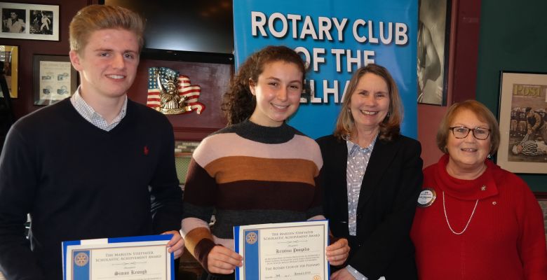 From left, Scholars of the Month Simon Keough and Kristina Pompilio, PMHS Principal Jeannine Clark and Rotary President Lyn Roth-Jacobs.