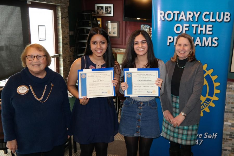 From left, Rotary President Lyn Roth Jacobs, Scholars of the Month Gabriella Bhiro and  Elizabeth Sotolongo and PMHS Principal Jeannine Clark.