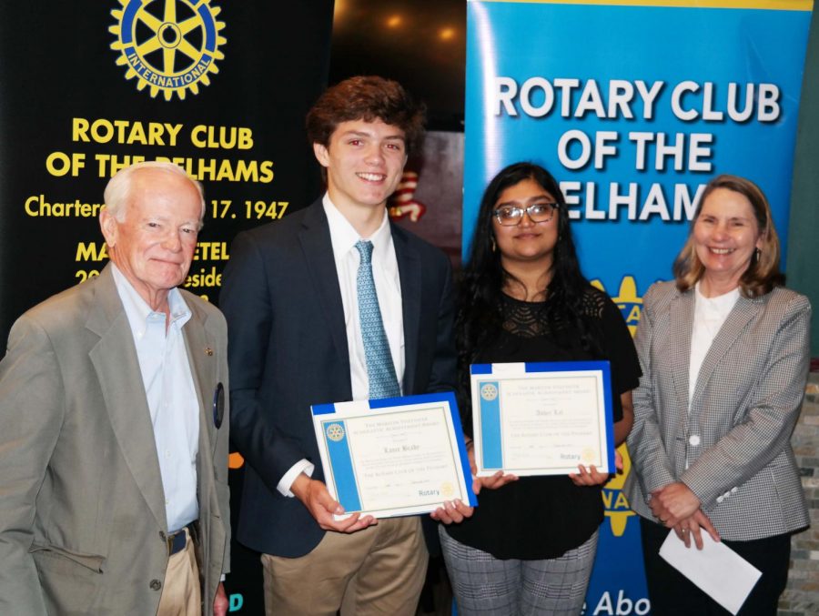 From left, Pelham Rotary President Marty Ketels, Scholars of the Month Lance Brady and Asher Lal, and PMHS Principal Jeannine Clark.