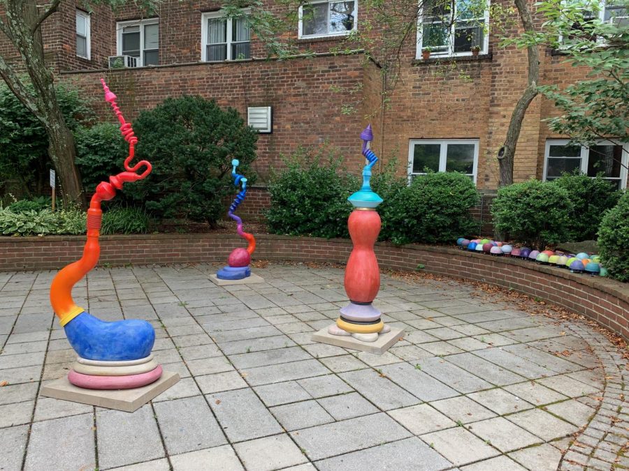 Part of the installation A Short Story of Don Porcaro’s sculptures now on view in the Pelham Art Center courtyard.