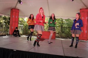 Caitlin Winston as Veronica Sawyer, Charlotte Moore as Heather Chandler, Allison Feldman as Heather Duke, Katy Lange as Heather McNamara and Oliver Tam as J.D. in November 2020 SOOP outdoor production of Heathers that was then streamed. 