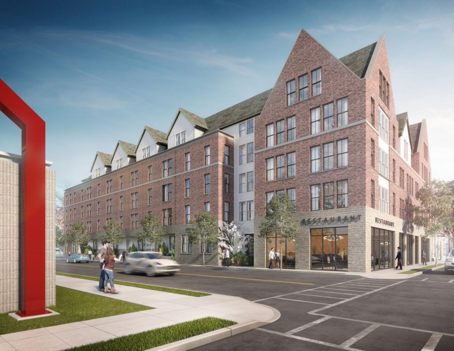 An artist rendering from December 2020 of the Pelham House apartment building proposed for Fifth Avenue and Third Street.