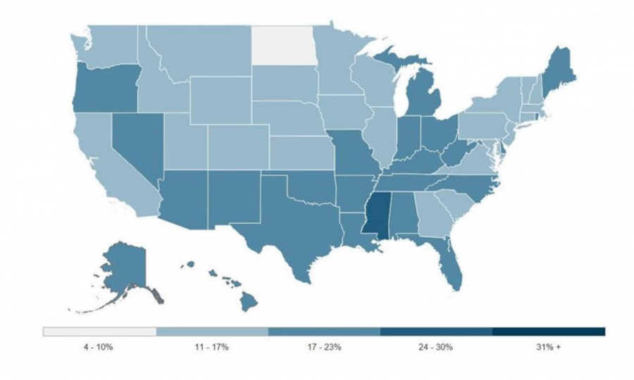 Projected rate of food insecurity by state in 2020