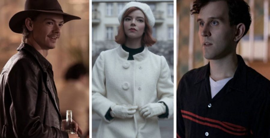 (Left to right) Thomas Brodie-Sangster as Benny Watts, Anya Taylor-Joy as Beth Harmon, and Harry Melling as Harry Beltik