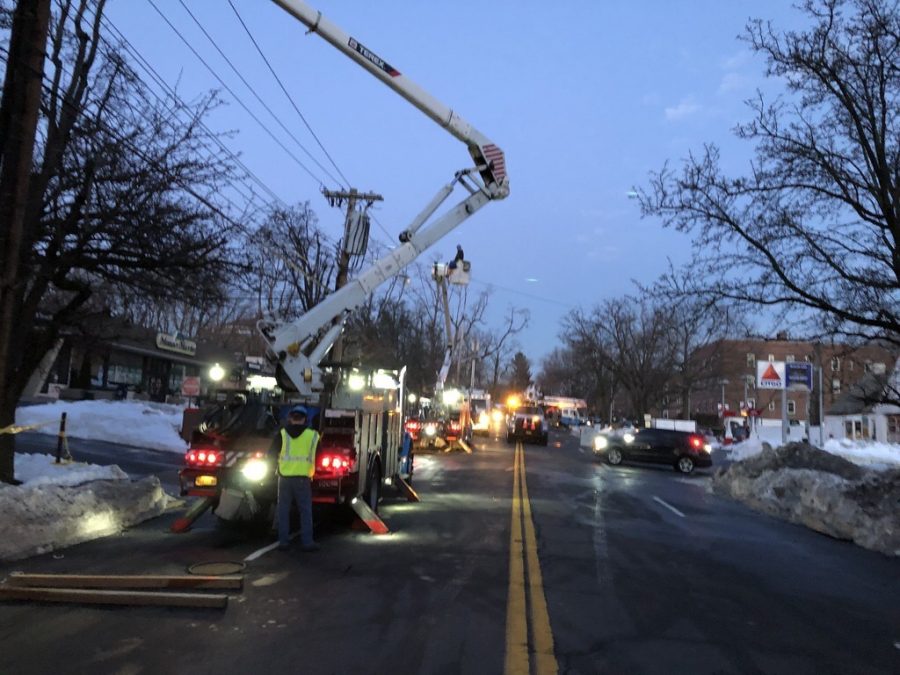 Fallen telephone pole closes Boston Post Road, causes power outage at parts of Four Corners