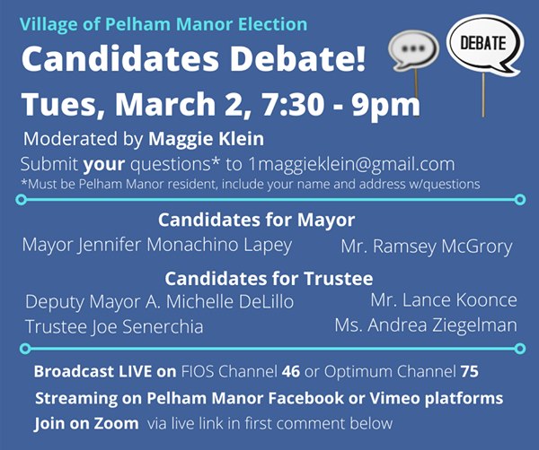 Pelham Manor candidates debate online Tuesday at 7:30 p.m.; email your questions
