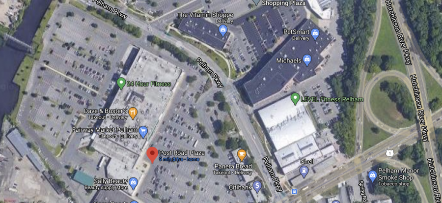 On left, parking lot of Dave & Busters, absent drag racers.