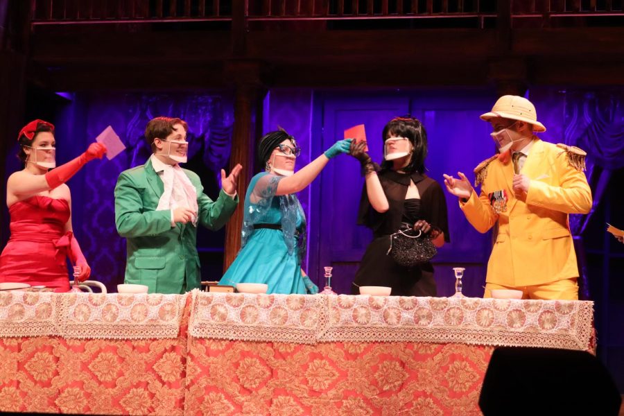 From left, Ava Pedorella as Miss Scarlet, Aidan Zusin as Mr. Green, Katie Scott as Mrs. Peacock, Ellie O'Sullivan as Ms. White and Andrew Kelly as Colonel Mustard.
