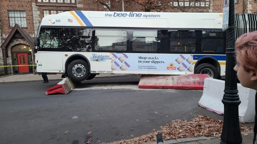 The front end of the Westchester County Bee-Line articulated bus rests on two concrete barriers after the accident.