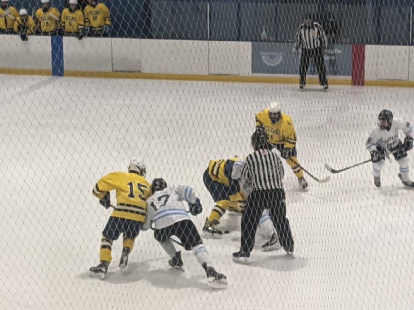 Pelham and Suffern mid-faceoff in the thrilling Pelican victory.