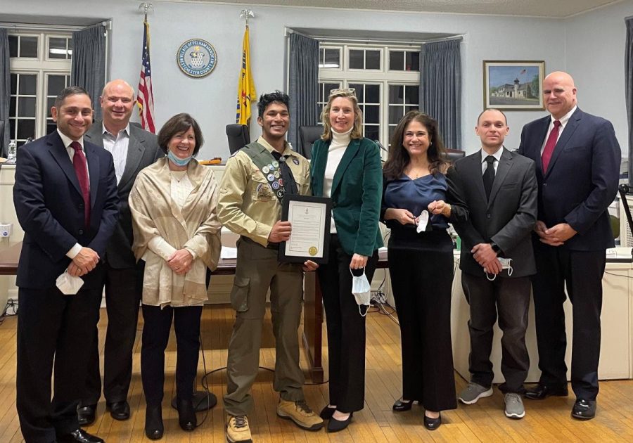 Eagle+Scout+Sanjay+Seecharran+%28center%29+was+honored+at+a+Village+of+Pelham+Manor+board+meeting.