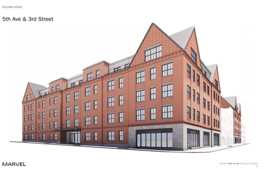 Artist rendering of the Pelham House apartment building proposed for Fifth Avenue and Third Street, as submitted for the Feb. 15 planning board meeting.