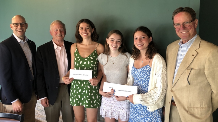 Left to right, PMHS Principal and Rotarian Mark Berkowitz, Rotarian and Scholarship Committee member Ellis Moore Jr., Scholarship winners Charlotte Howard, Grace Condon, Caroline Spana, and Rotary President Kevin Falvey