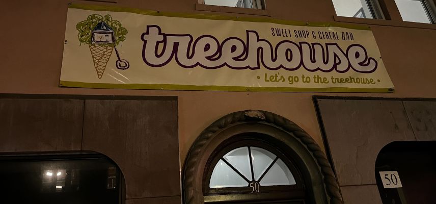 Sign for the planned Treehouse Sweet Shop & Cereal Bar at 50 Fifth Ave., site of a small smoky fire Tuesday. The picture was taken on Monday.