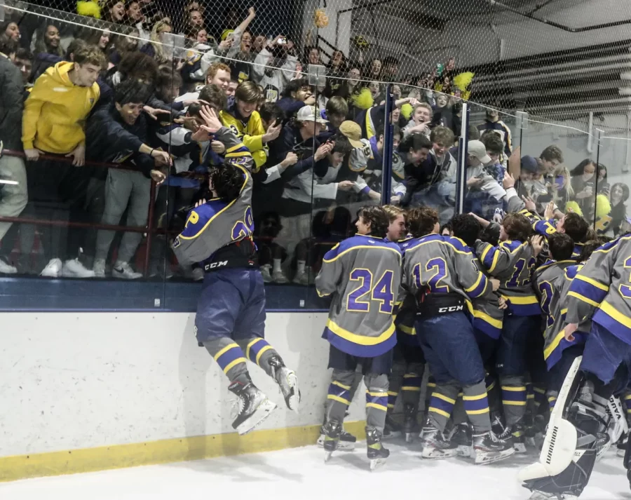 Hockey+team+celebrates+with+the+student+section+after+winning+the+state+title+last+year.
