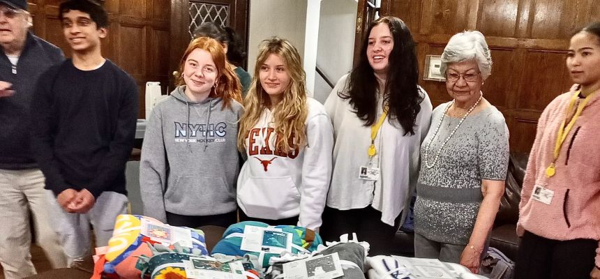Members of PMHS Interact Club and Pelham Seniors make blankets for families in need—and get to know each other