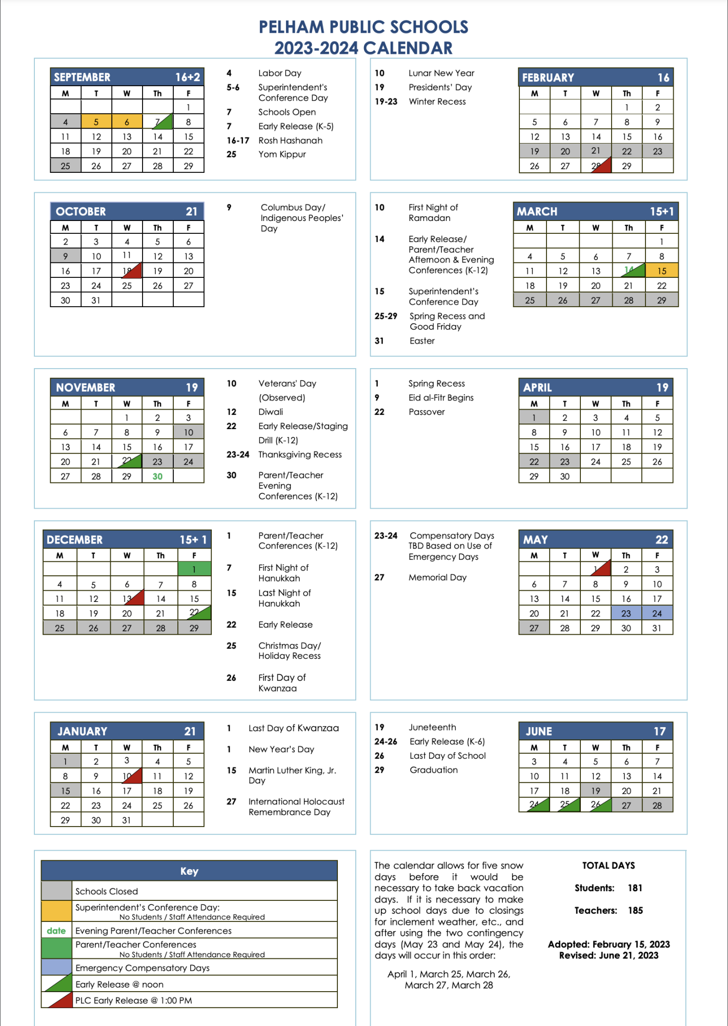 FYI Revised onepage Pelham school district calendar for 202324