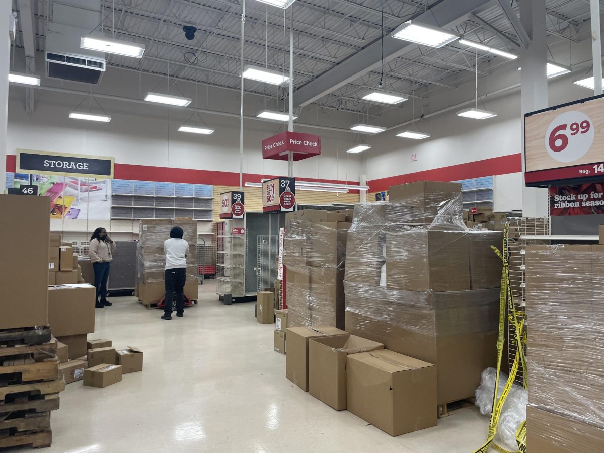 Boxed up items line the store aisles of Michaels in Pelham Manor.