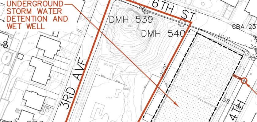 Map shows where in Juliannes Playground the stormwater reservoirs would be constructed under the existing tennis courts and blacktop. The playground equipment is in the area roughly to left of the black dashed line. (Source: Preliminary Village-wide Drainage Infrastructure Summary Report)