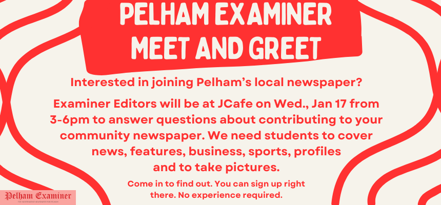 Want to write for the Pelham Examiner? Come to our open house Wednesday 3 pm to 6 pm at JCafe
