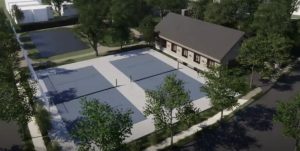 Rendering of proposed pump house (right) next to the tennis courts at Julianne's Playground.