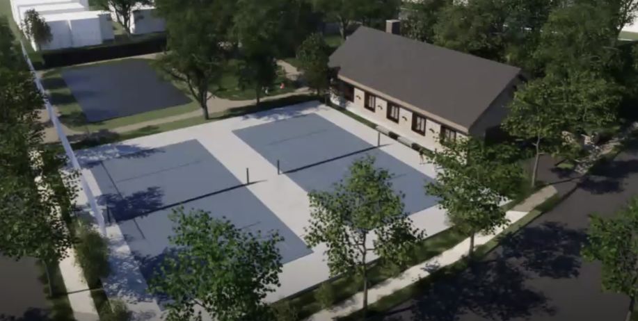 Rendering of proposed pump house (left) next to the tennis courts at Julianne's Playground.