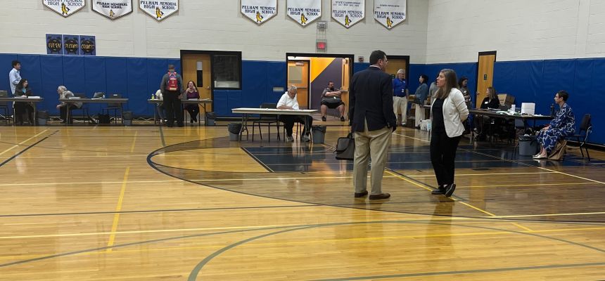 Residents vote on school board candidates and the district budget on May 21 in the Pelham Middle School gym.