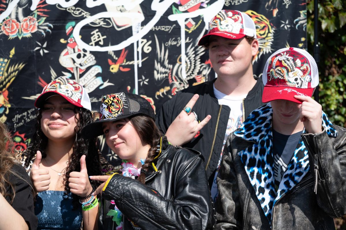 Wearing Ed Hardy merch (from left) are Kaylie Blatt, Audrey Pursel, Will Stobart and Quentin Meyer. 