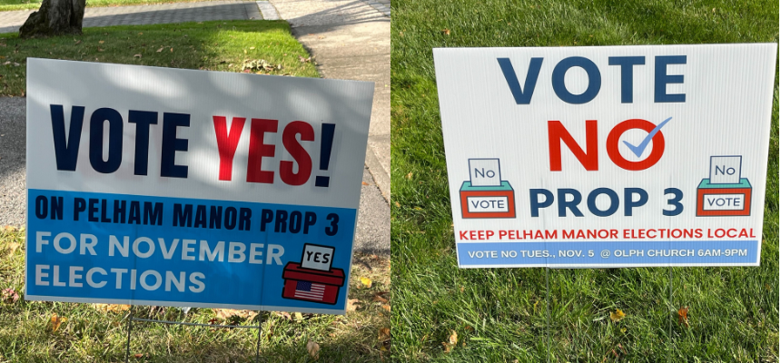 Lawn signs encourage votes for both sides of the issue in the Pelham Manor referendum.