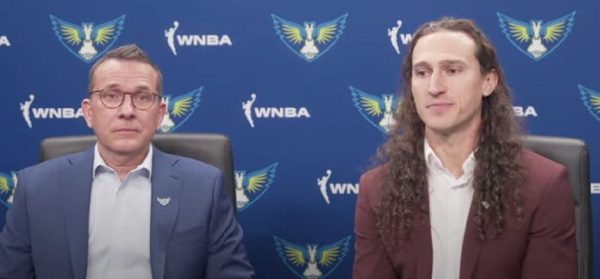 Chris Koclanes (right) speaks at a press conference after being named head coach of the WNBA's Dallas Wings. (Photo: Dallas Wings Zoom feed)