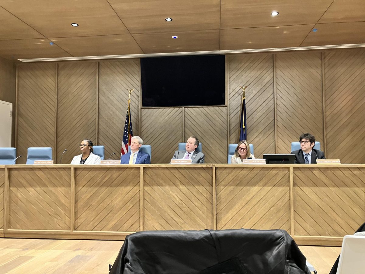 Members of the Village of Pelham Board of Trustees sit at the new dais during their first meeting in the new municipal center.