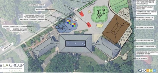 Rendering of Siwanoy with addition at rear that school board included in draft "scope of projects" for bond referendum.