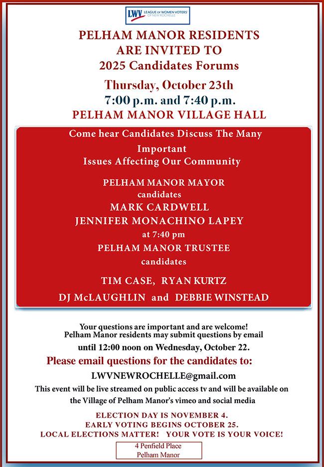 League of Women Voters to host forum for Pelham Manor candidates on Thursday, October 23