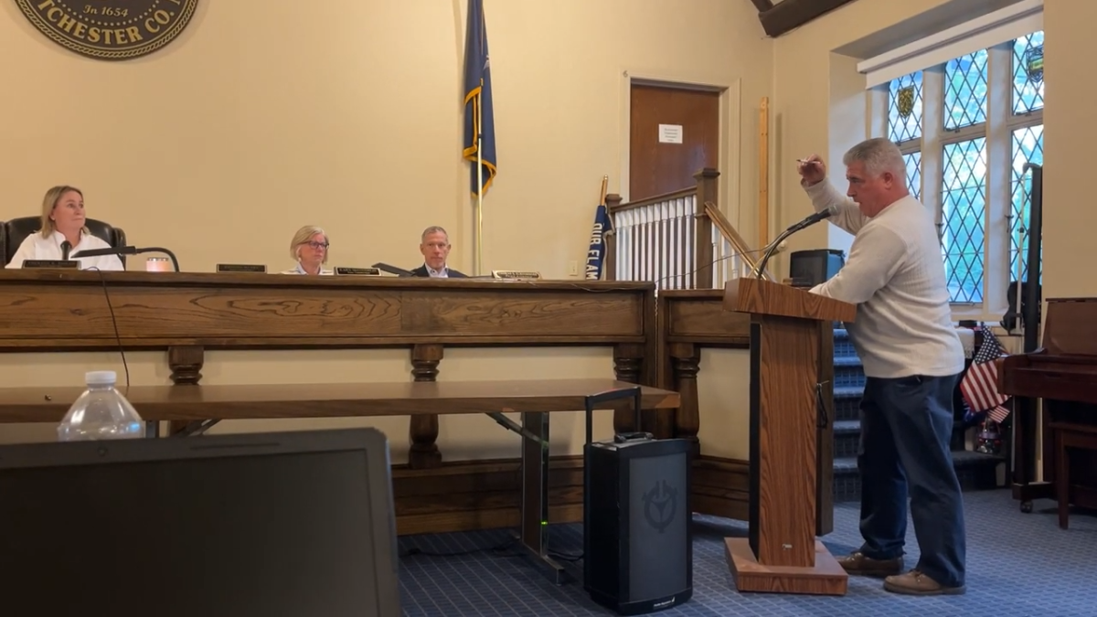 Retired firefighter John Marsich addresses Town Supervisor Theresa Mohan and the council.