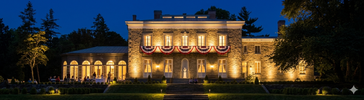 Computer-generated image of the Bartow-Pell Mansion decked out in red, white and blue
