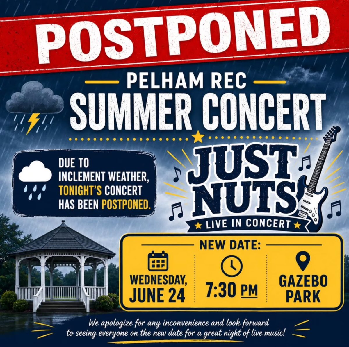 Tonight's concert at Gazebo Park postponed to Wednesday, June 24